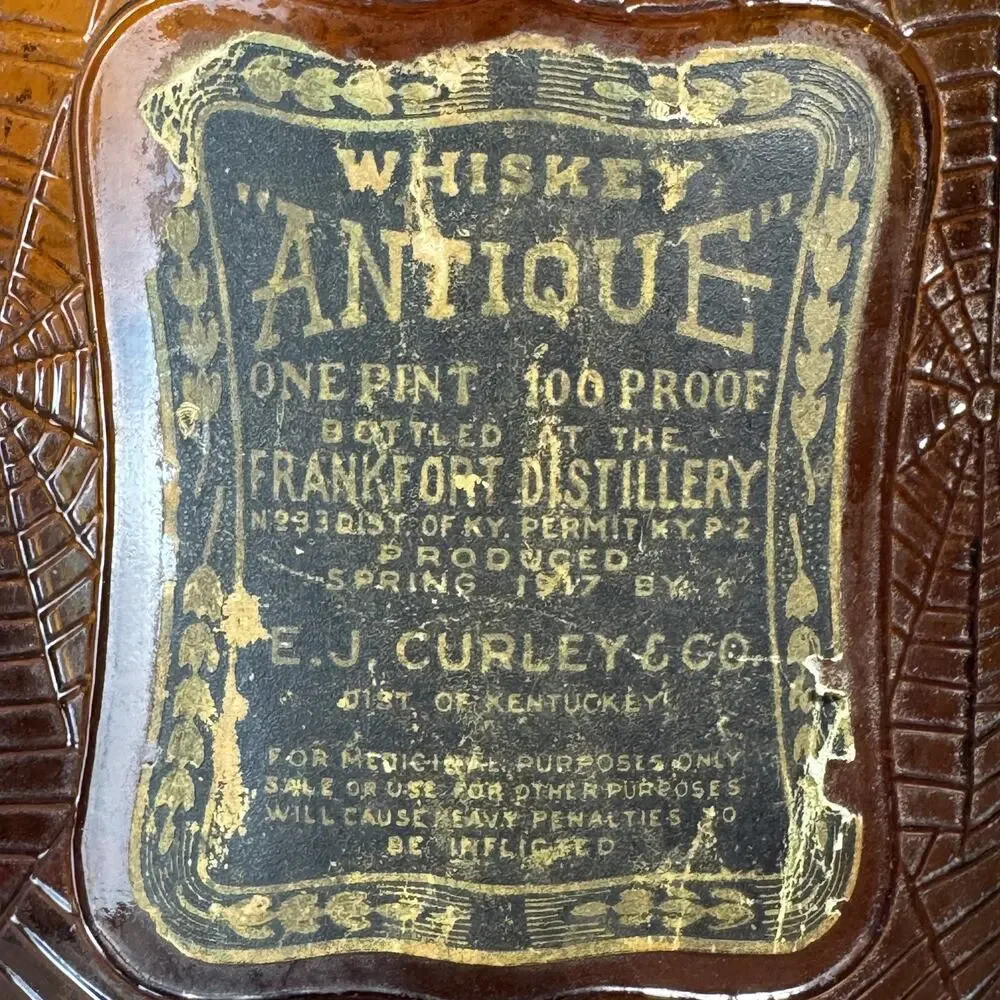 Vintage 1917 Whiskey Antique Frankfort Distillery Spiderweb Amber Bottle Cork
